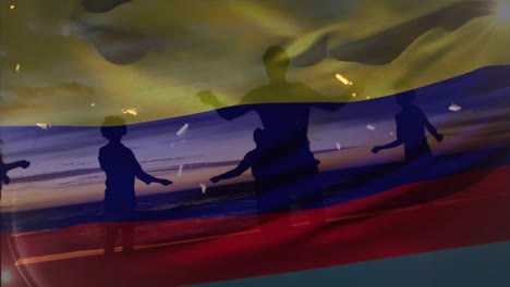 animation of flag of colombia over diverse friends with sparklers