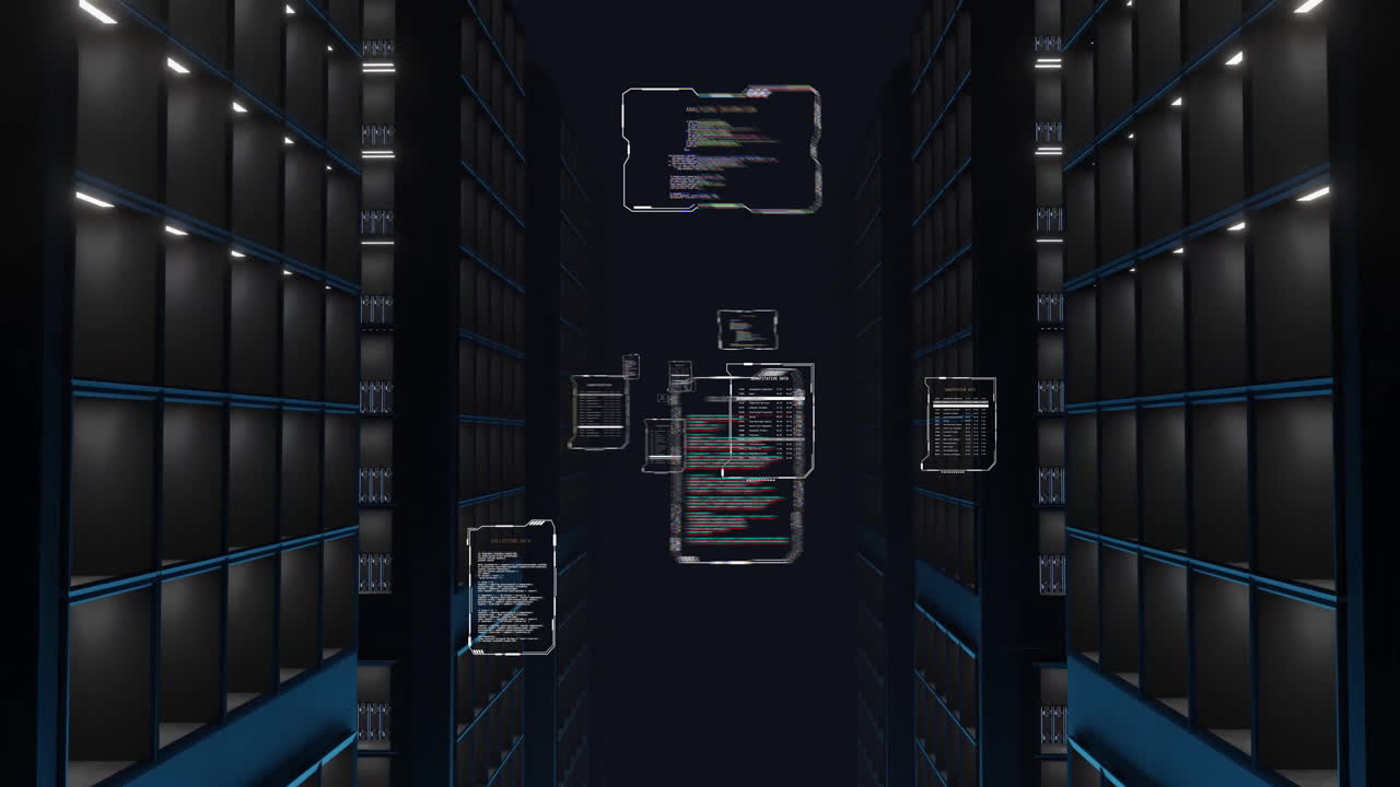 animación de archivos de datos de texto que se procesan en la sala de servidores de computadoras oscuras