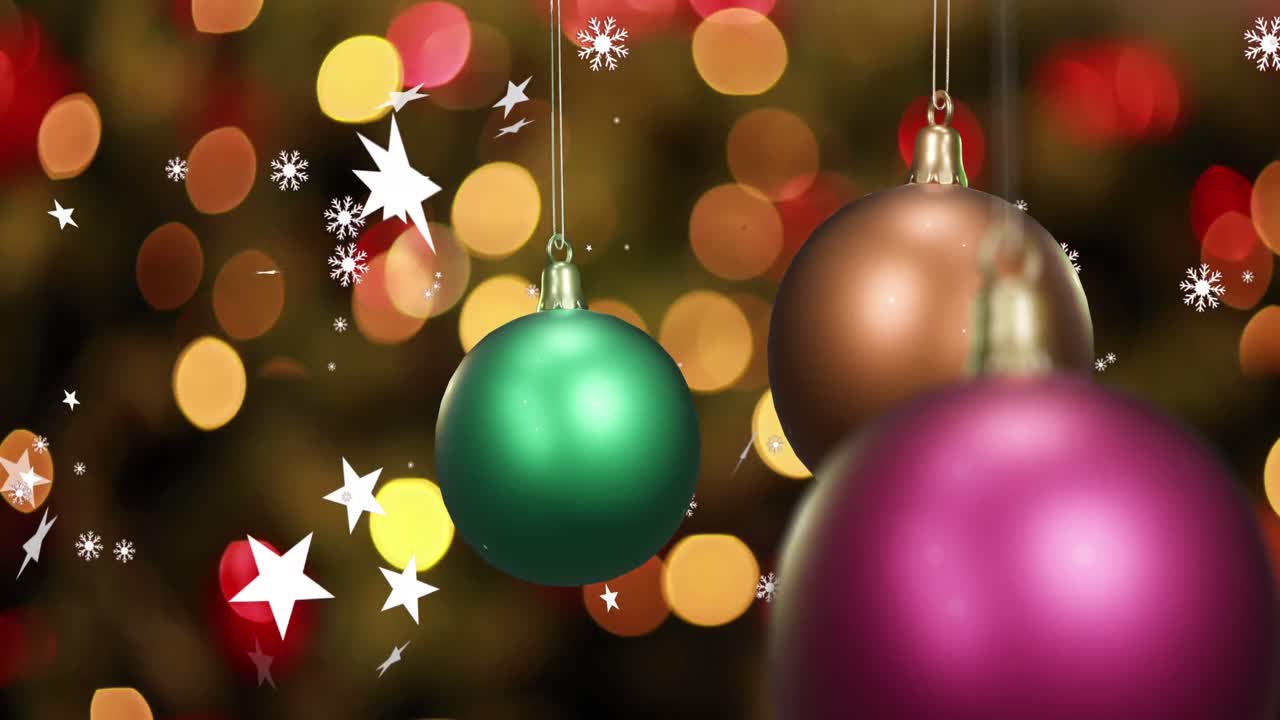 animación de bolos de navidad brillantes con estrellas blancas y luces amarillas intermitentes.