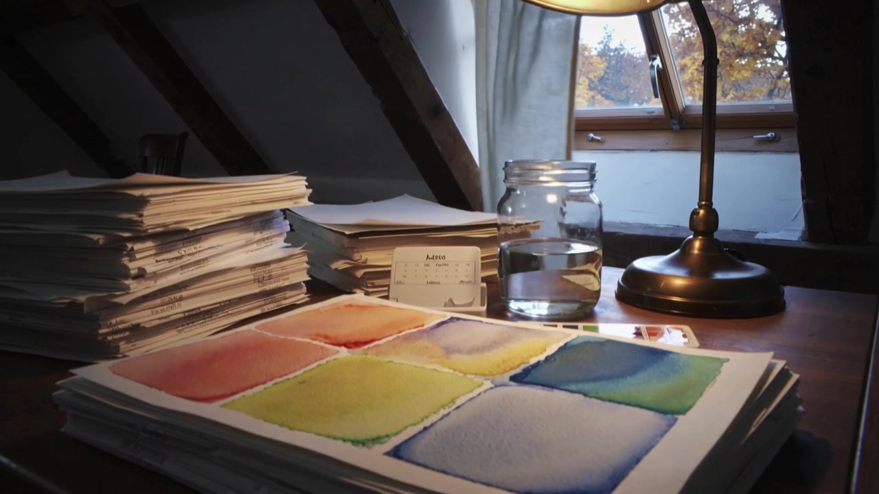 Moving camera revealing watercolor sheet on attic desk, showing lit lamp, glass jar, paper stacks