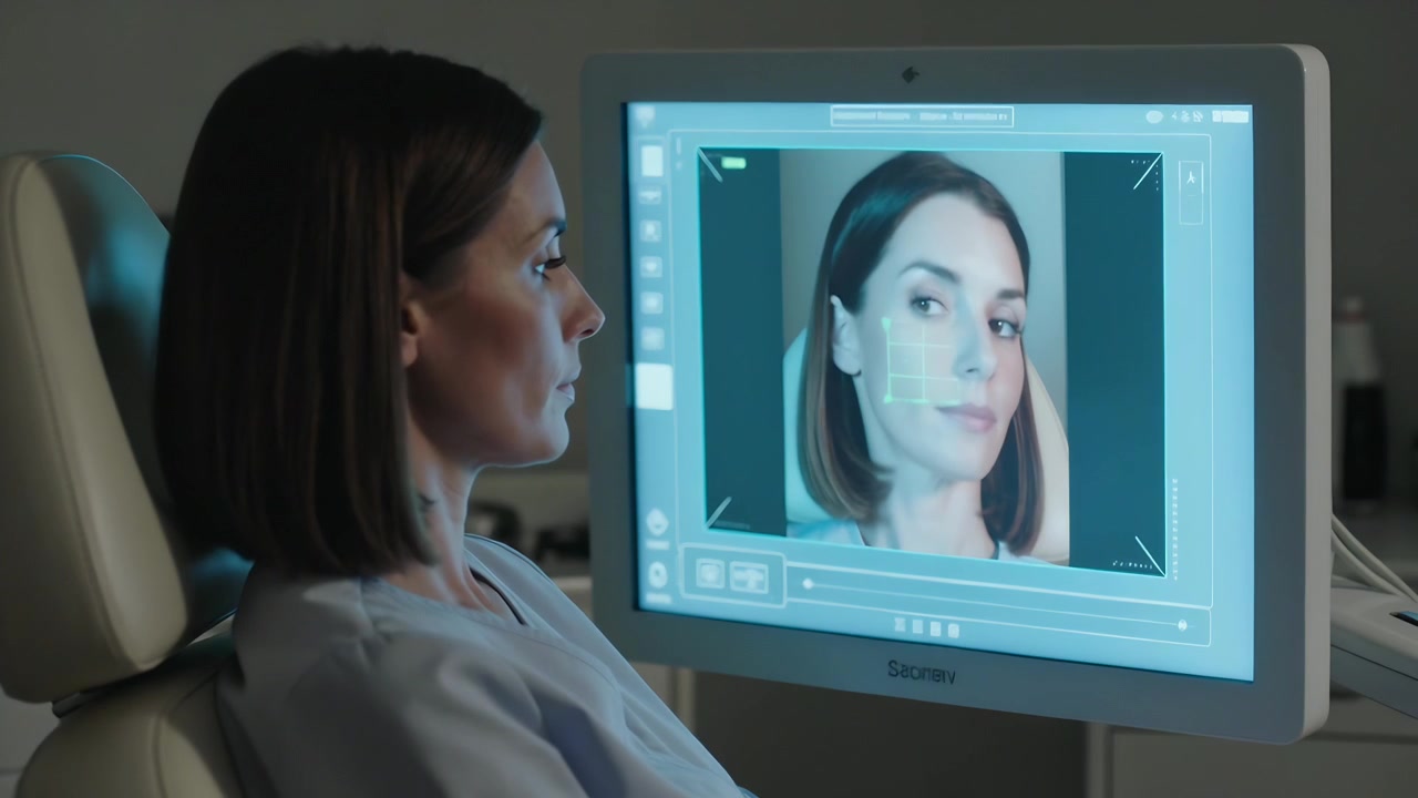Donna con top chiaro che confronta una scansione facciale con un monitor diagnostico che mostra delle guide in clinica.