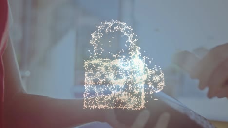 animation of network security padlock over people using payment terminal