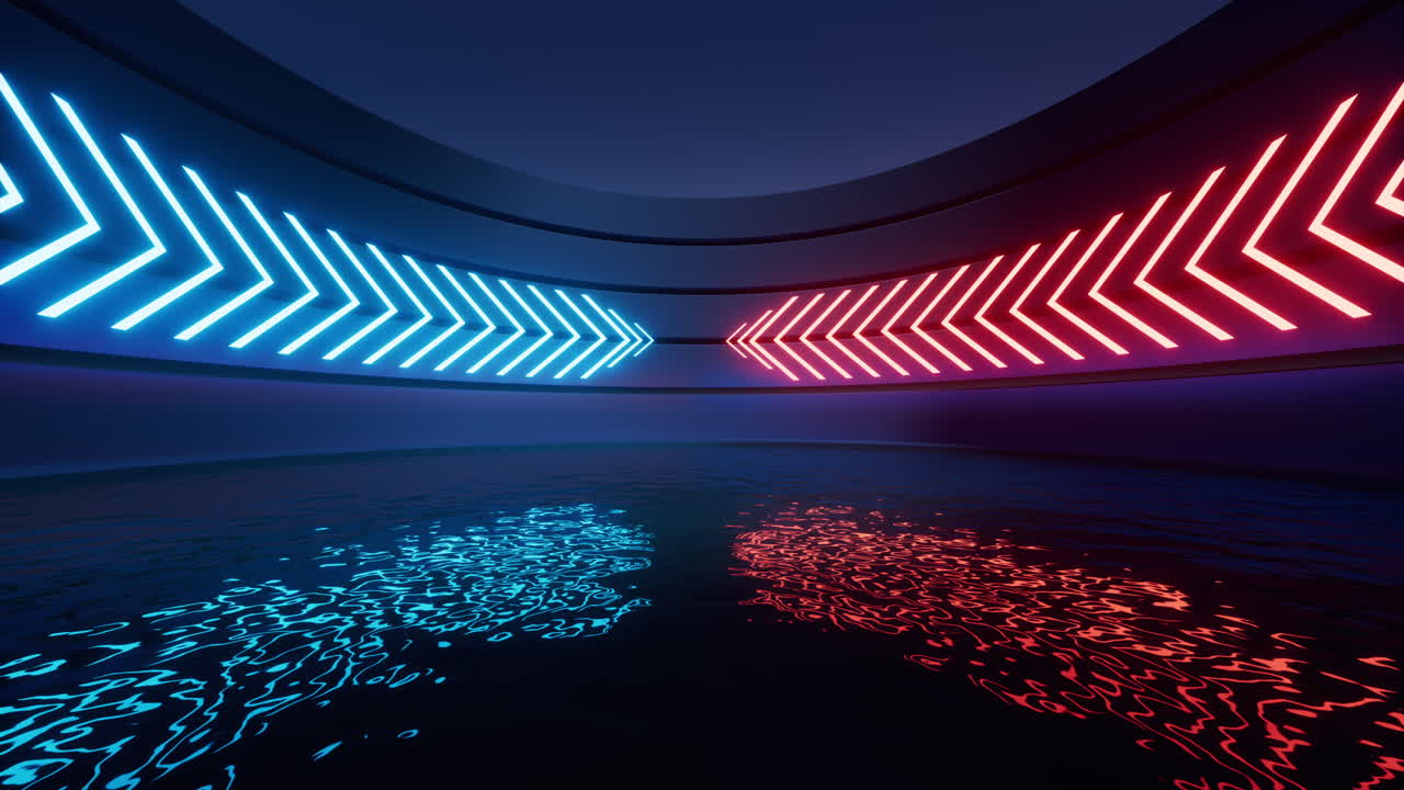 Glowing neon lines with water surface background, 3d rendering.