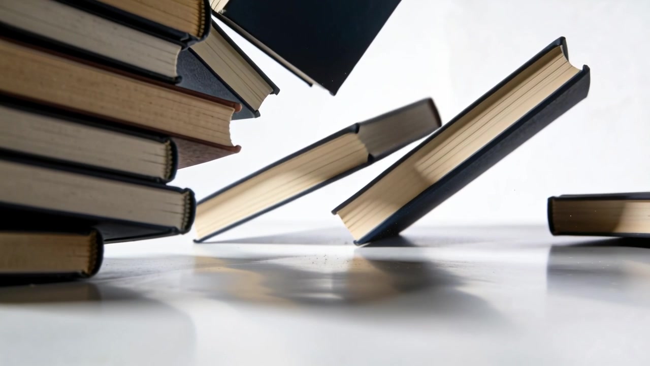 Tipping right book causing black hardbacks with cream edges falling on white tabletop, copy space