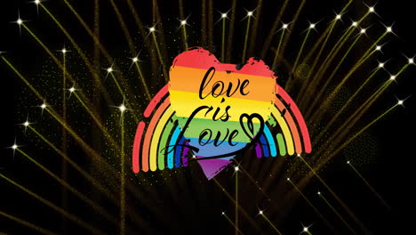la animación del orgullo, el arco iris, el amor es el texto del amor, el corazón y los fuegos artificiales explotando sobre un fondo negro.