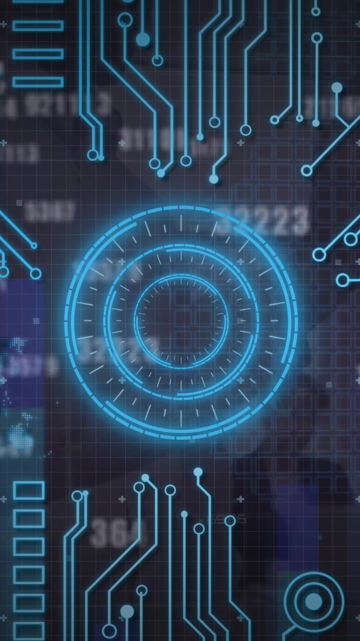 Interfaccia HUD digitale animata con schemi di circuiti stampati e dati