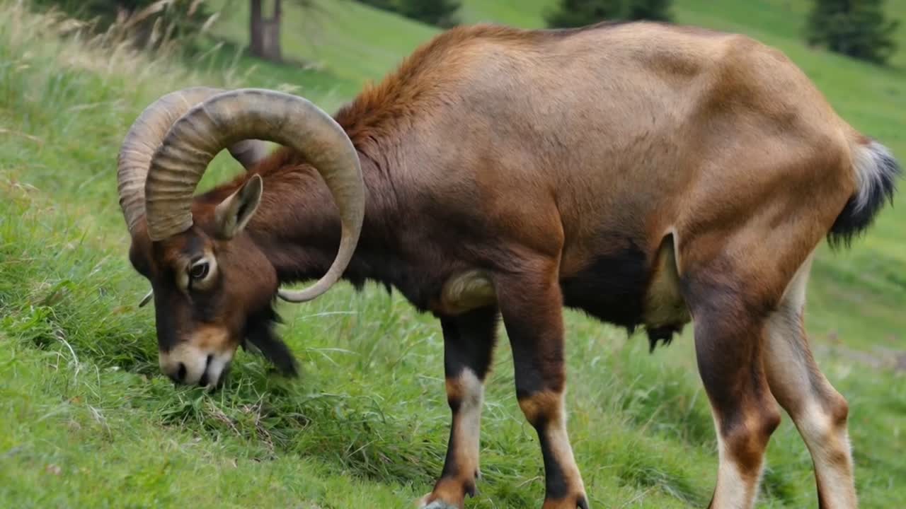 Bighorn Sheep Grazing on a Grassy Hillside