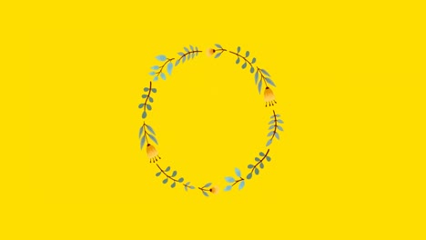 Animation-Von-Blumen,-Die-Sich-In-Hypnotischer-Bewegung-Auf-Gelbem-Hintergrund-Drehen