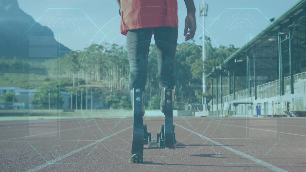 Preparing on track, athlete with prosthetic legs using digital animation overlay