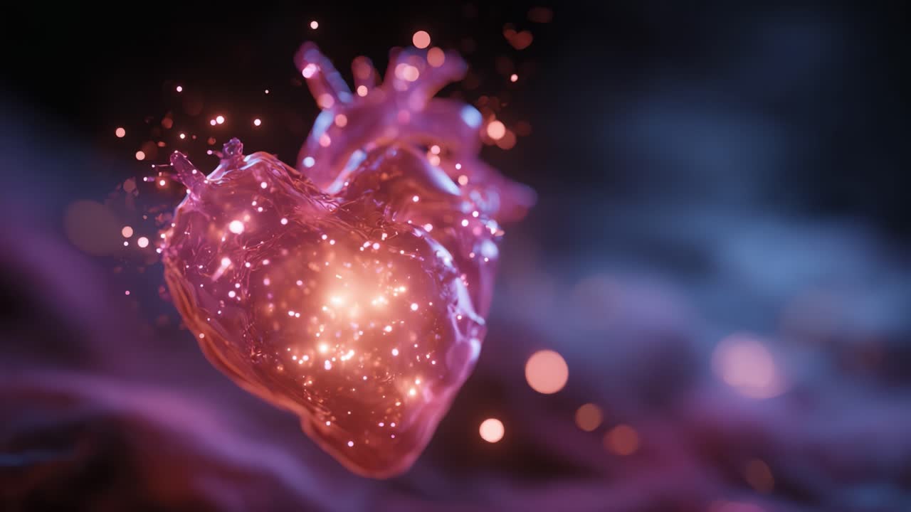 Un'affascinante forma di cuore incandescente, circondata da scintille luminose e texture eteree, che simboleggia l'amore, l'emozione e la connessione in un ambiente vivido e onirico