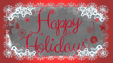 animation of happy holidays text over christmas decorations