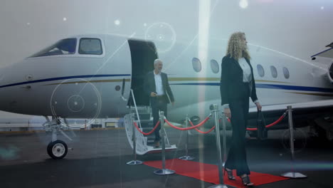 business people exiting private jet with network connections animation over scene