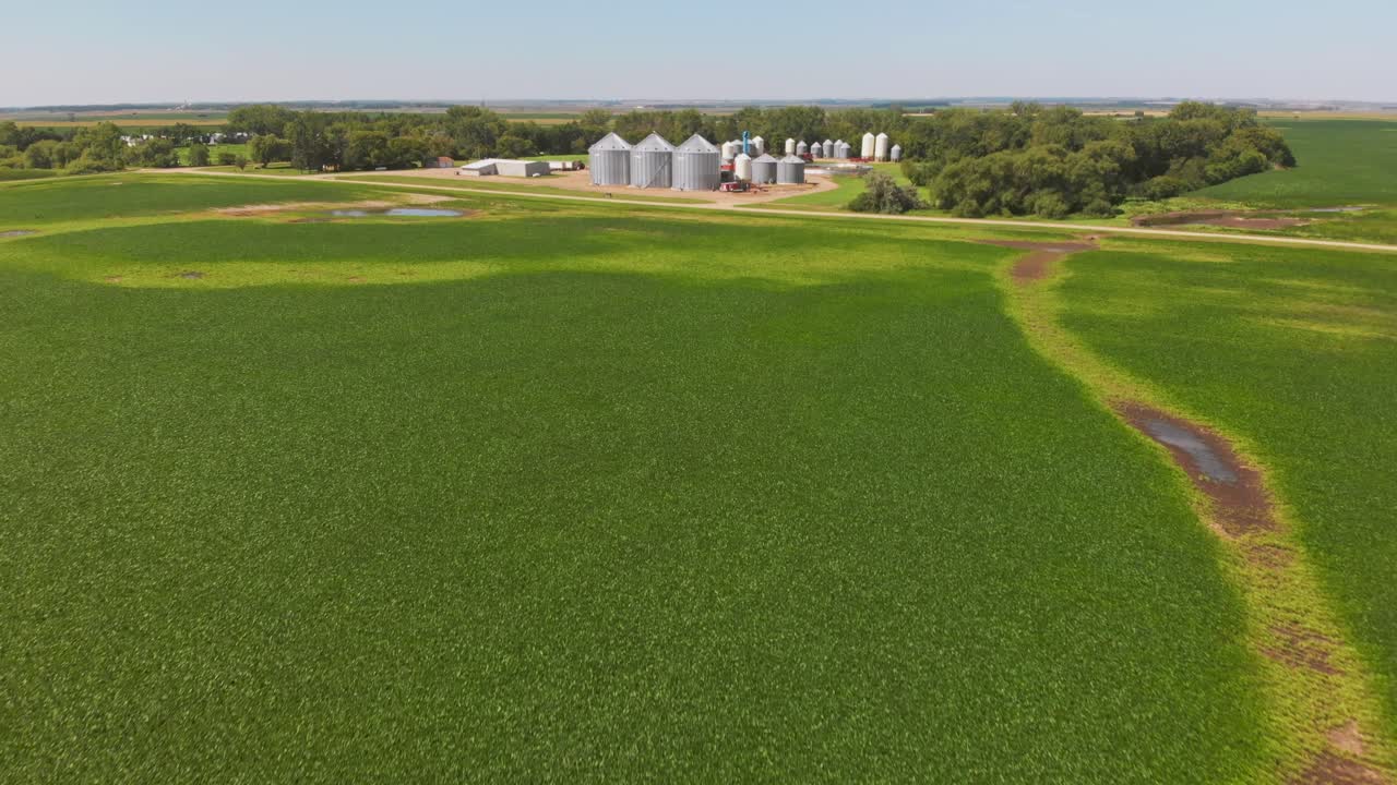 Volo aereo verso una fattoria del Nord Dakota con silos per il grano, casa colonica e torrente tortuoso attraverso campi di soia