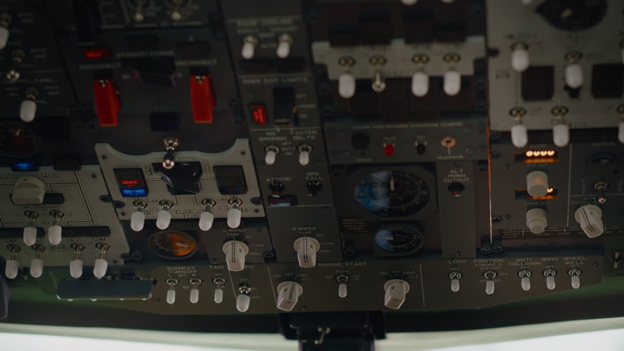 Aircraft dashboard command in empty plane cockpit