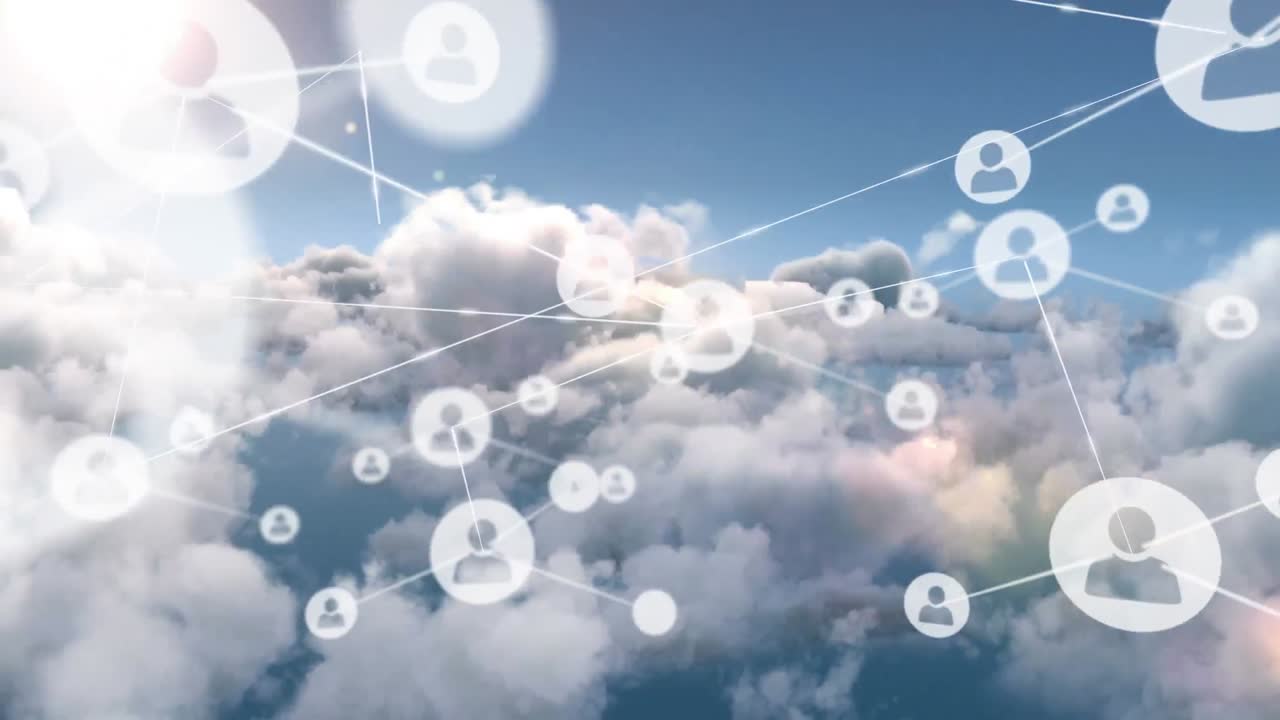 하늘의 구름 위의 아이콘으로 연결된 네트워크의 애니메이션