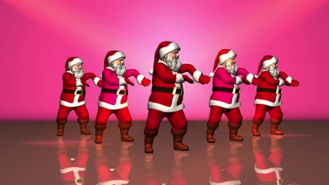 Five cheerful Santa Clauses in a red suit are dancing. 3d rendering