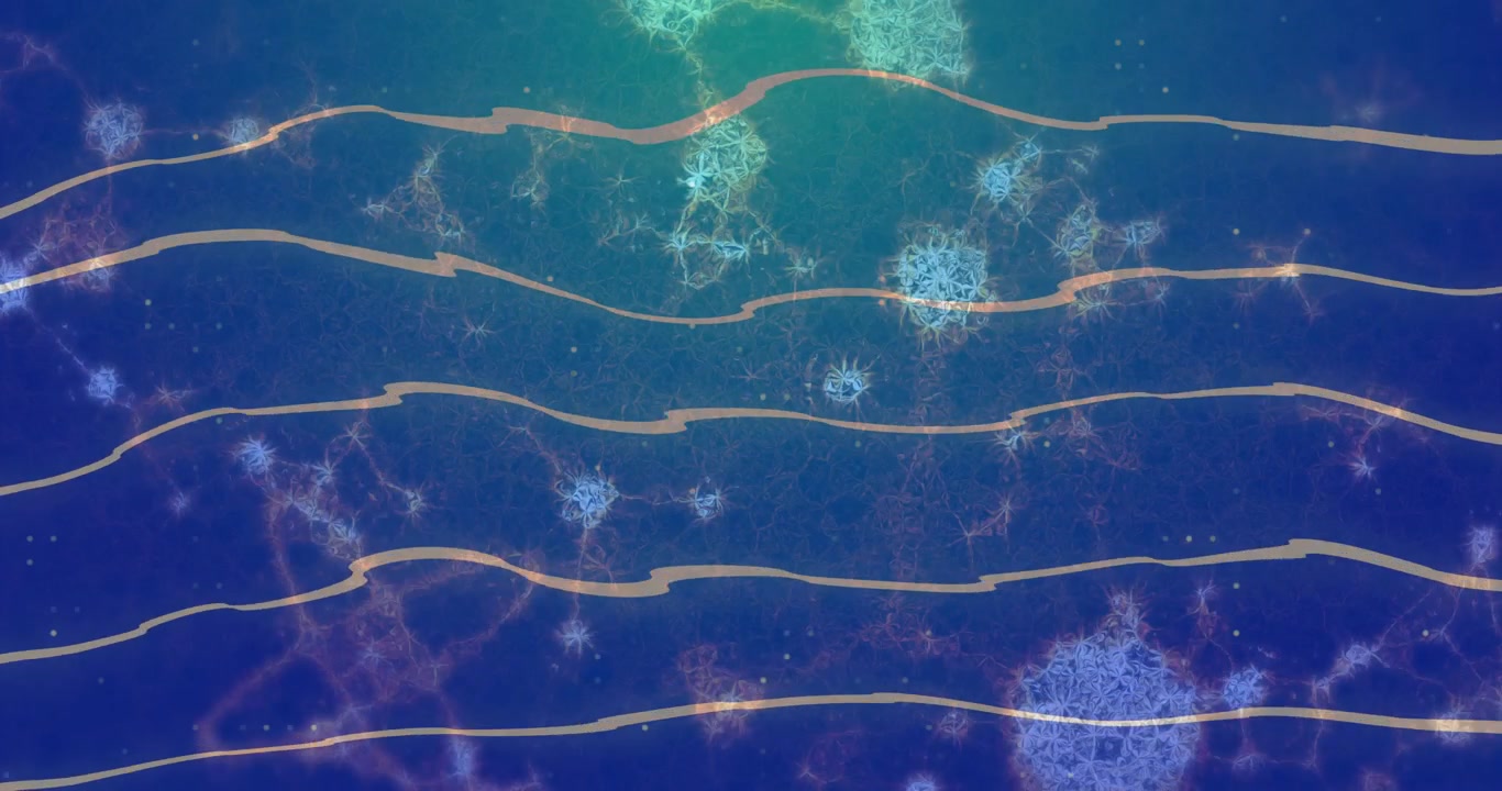 Layered golden bands appearing, undulating while lace blue clusters pulsing, showing micro field