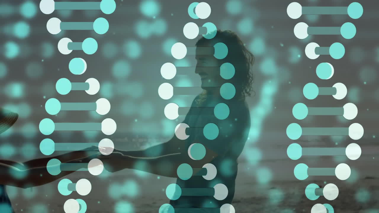 Holding hands at beach, people with DNA strand animation above them