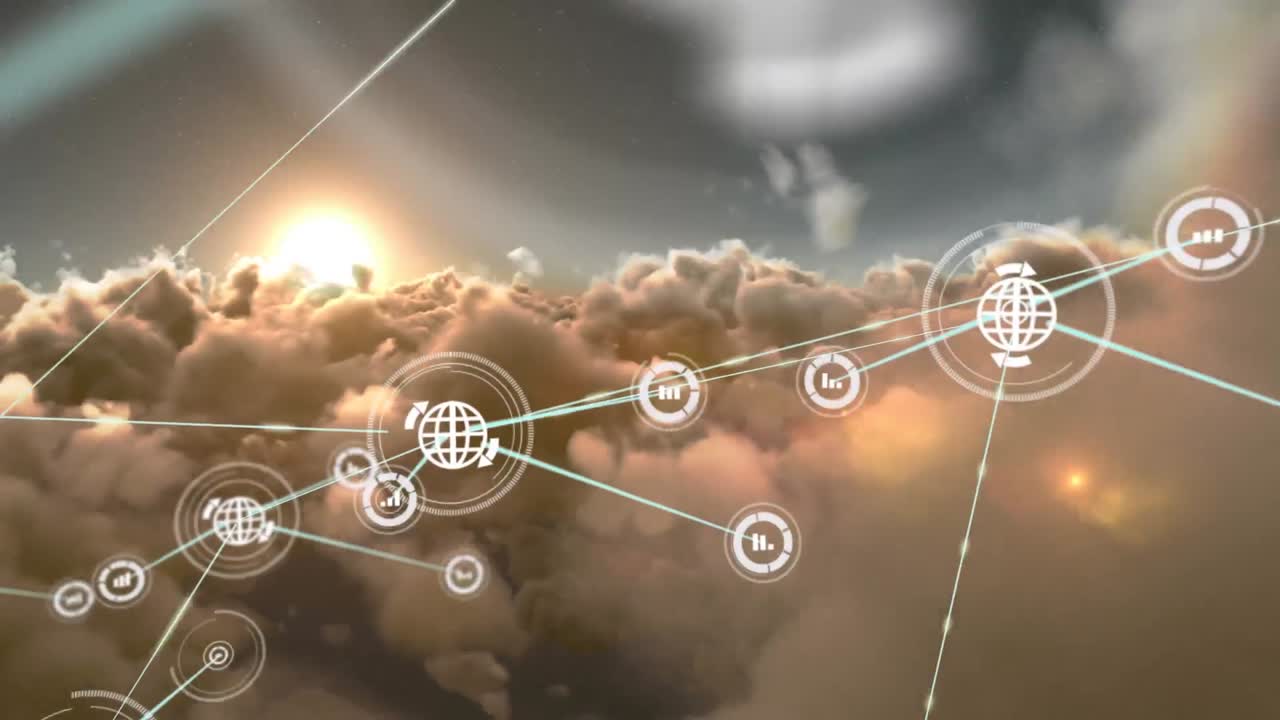 animación de redes de conexiones con iconos en el cielo
