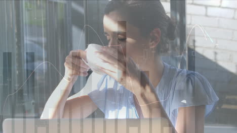 animation of statistics and data processing over woman drinking coffee and using laptop