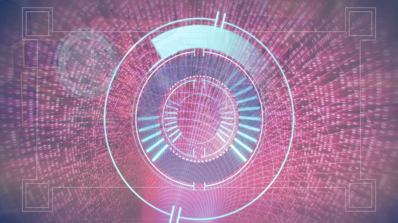 Animation af databehandling over et bevægeligt ur og scopeskanning på sort baggrund