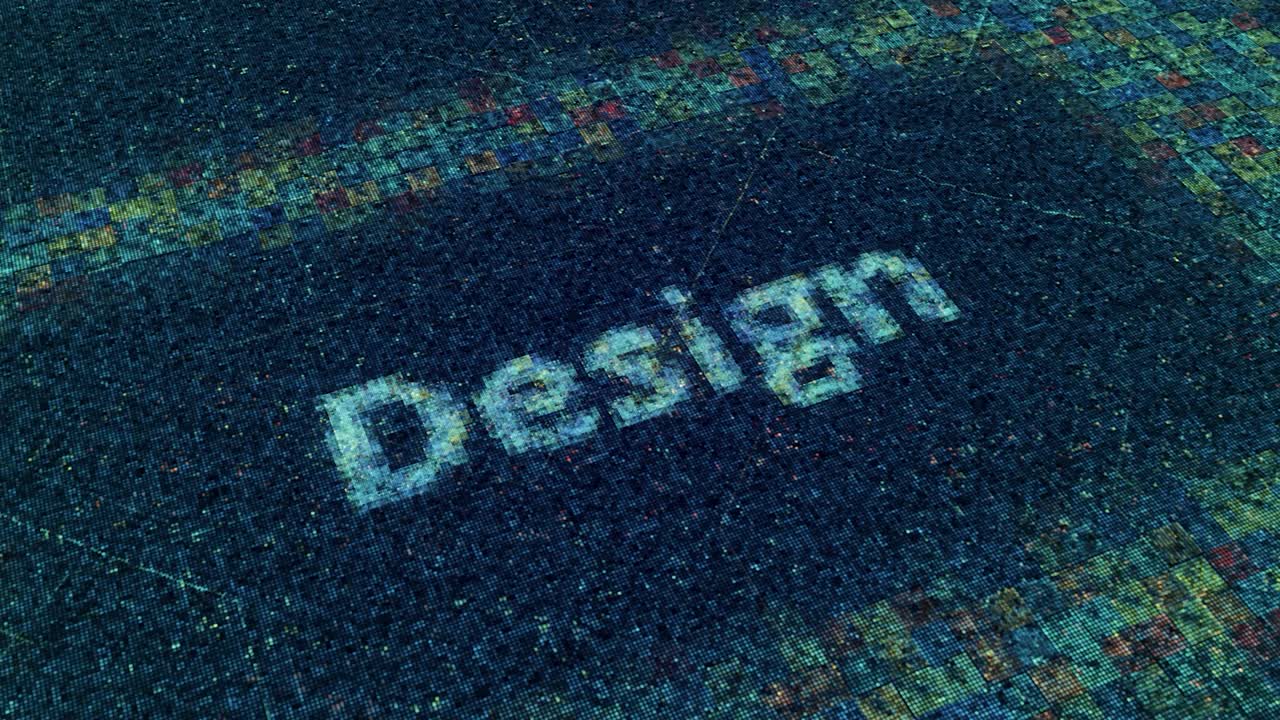 회로판과 단어 디자인을 가진 기술적 배경, 애니메이션, 화면 한가운데에 있는 텍스트에서 전파되는 전기적 충동.