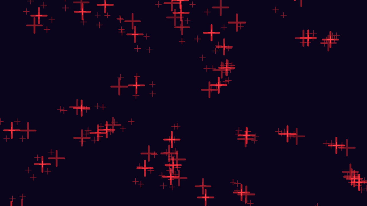 Abstract red cross sparkles on dark background, glowing particles motion