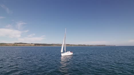 vista cinematográfica de bajo nivel de un velero que navega cerca de la costa danesa