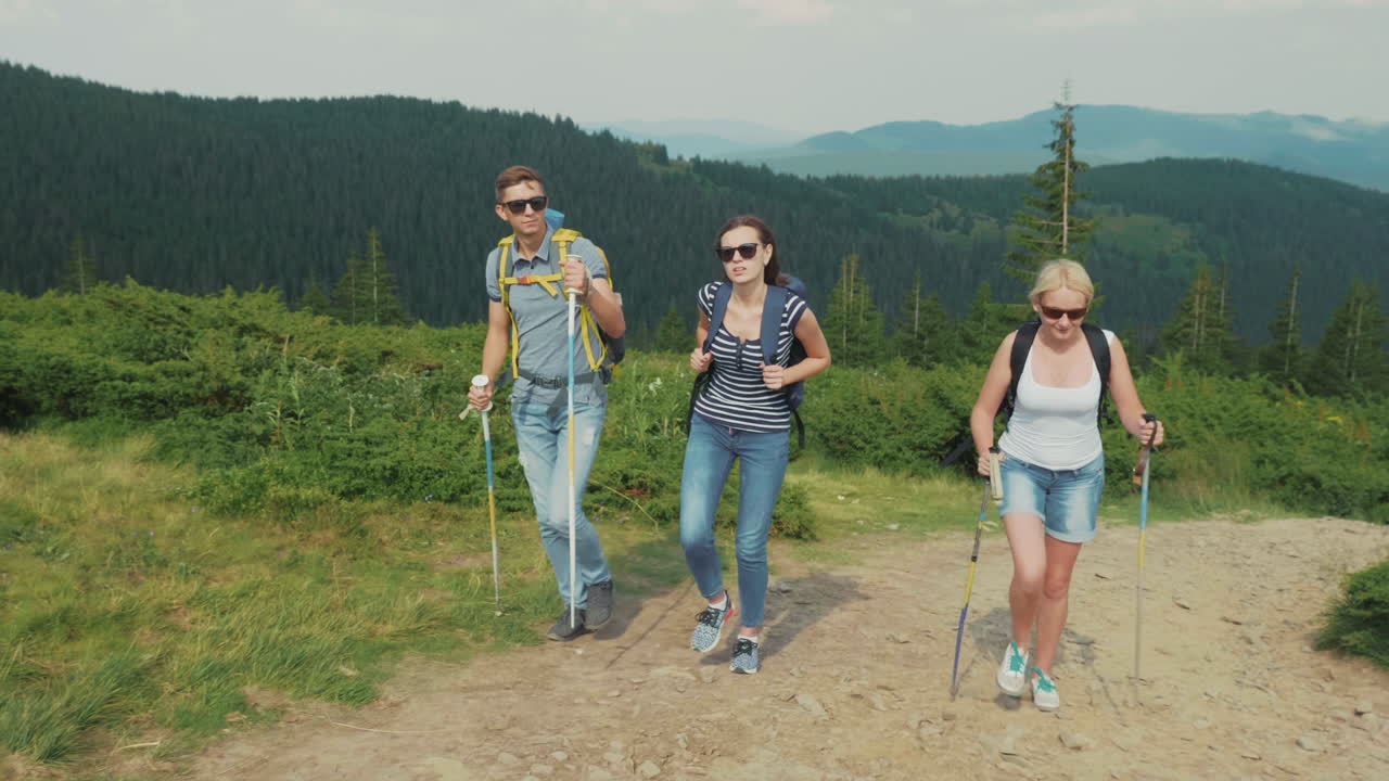Un gruppo di amici viaggiatori sale sulle montagne sullo sfondo di una bellissima montagna.