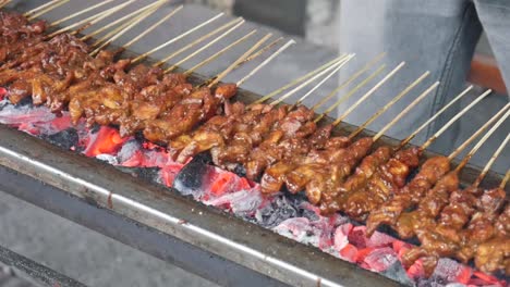 chicken satay cooking process. grilled chicken over coals. indonesian street food