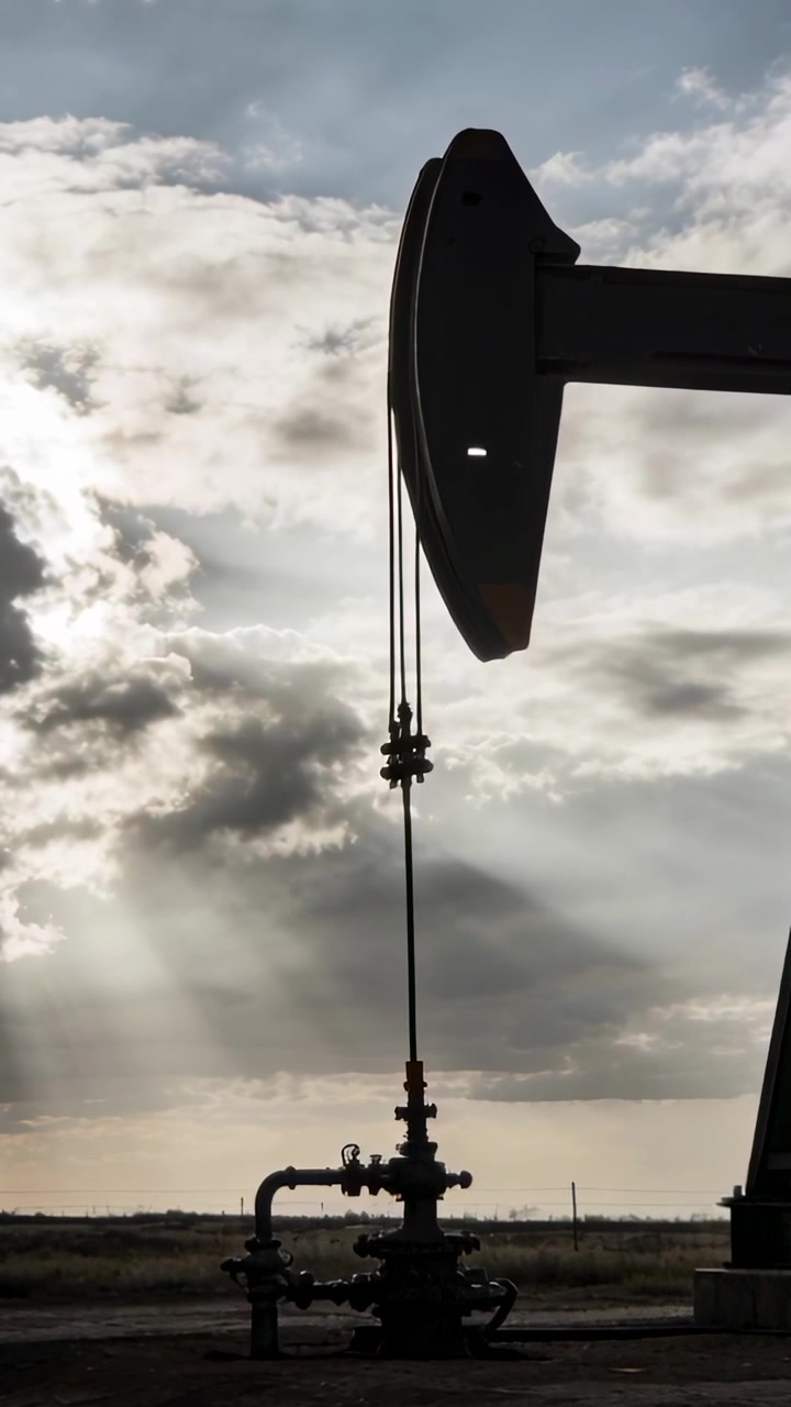 Vertical video: Starting pumpjack horsehead and polished rod pumping oil at wellhead, copy space