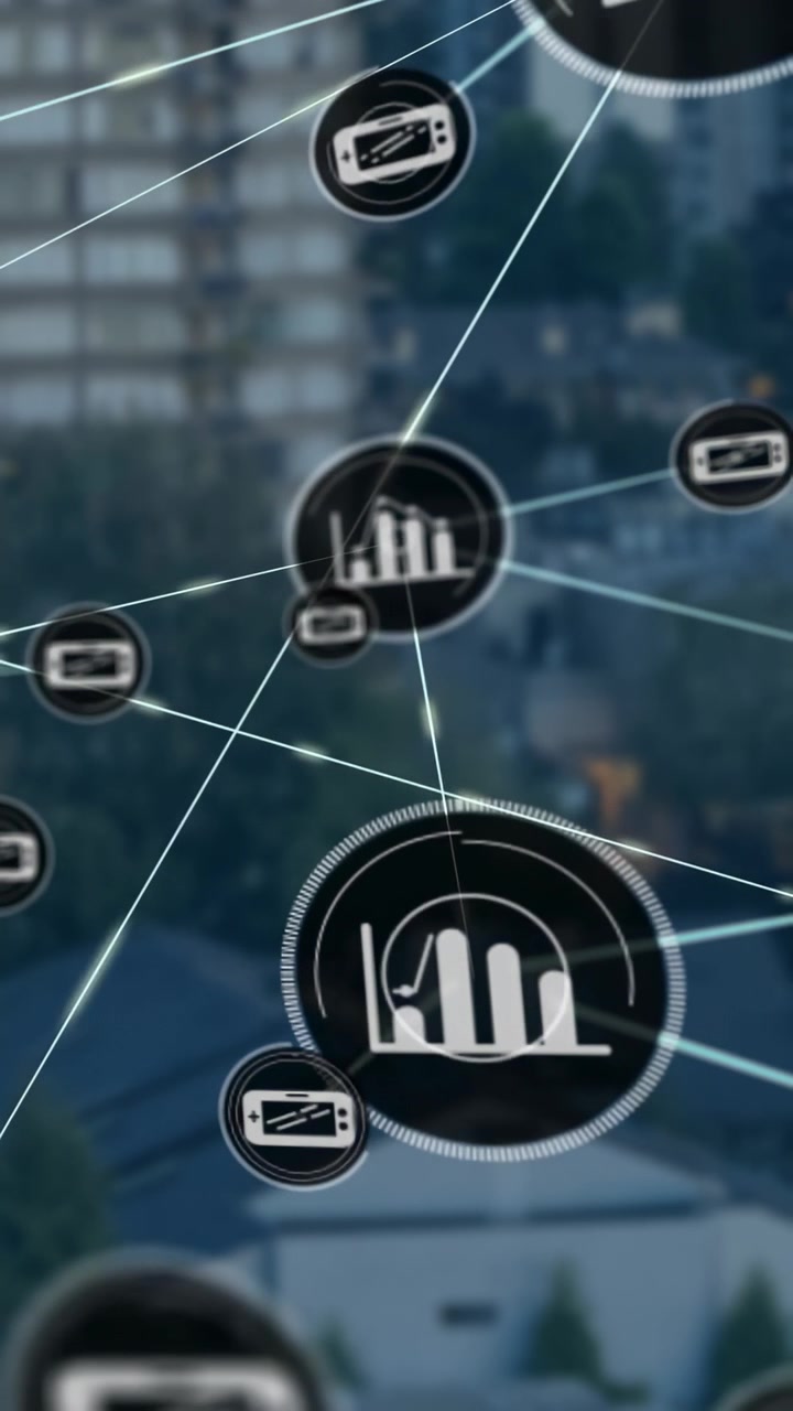 Vertical video: Chart node appearing above dusk, spawning phone or chart nodes and showing data link