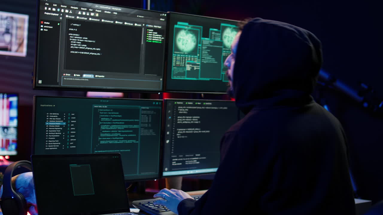 Scammer in apartment starting work on dangerous script that can breach security