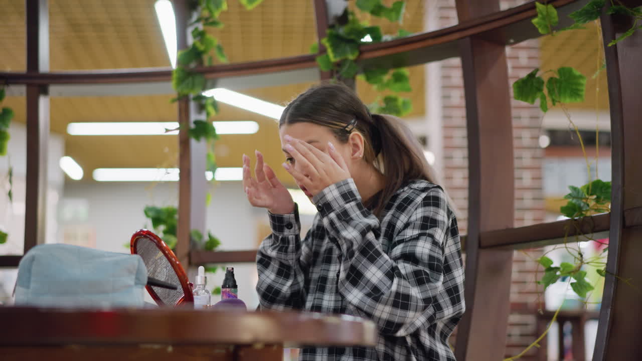 캐주얼 크레이드 셔츠를 입은 젊은 여성이 얼굴에 부드럽게 마사지하기 전에 손에 메이크업을 적용하고, 미용 제품, 거울 및 화장품 가방이있는 나무 테이블, 녹색 식물로 설정