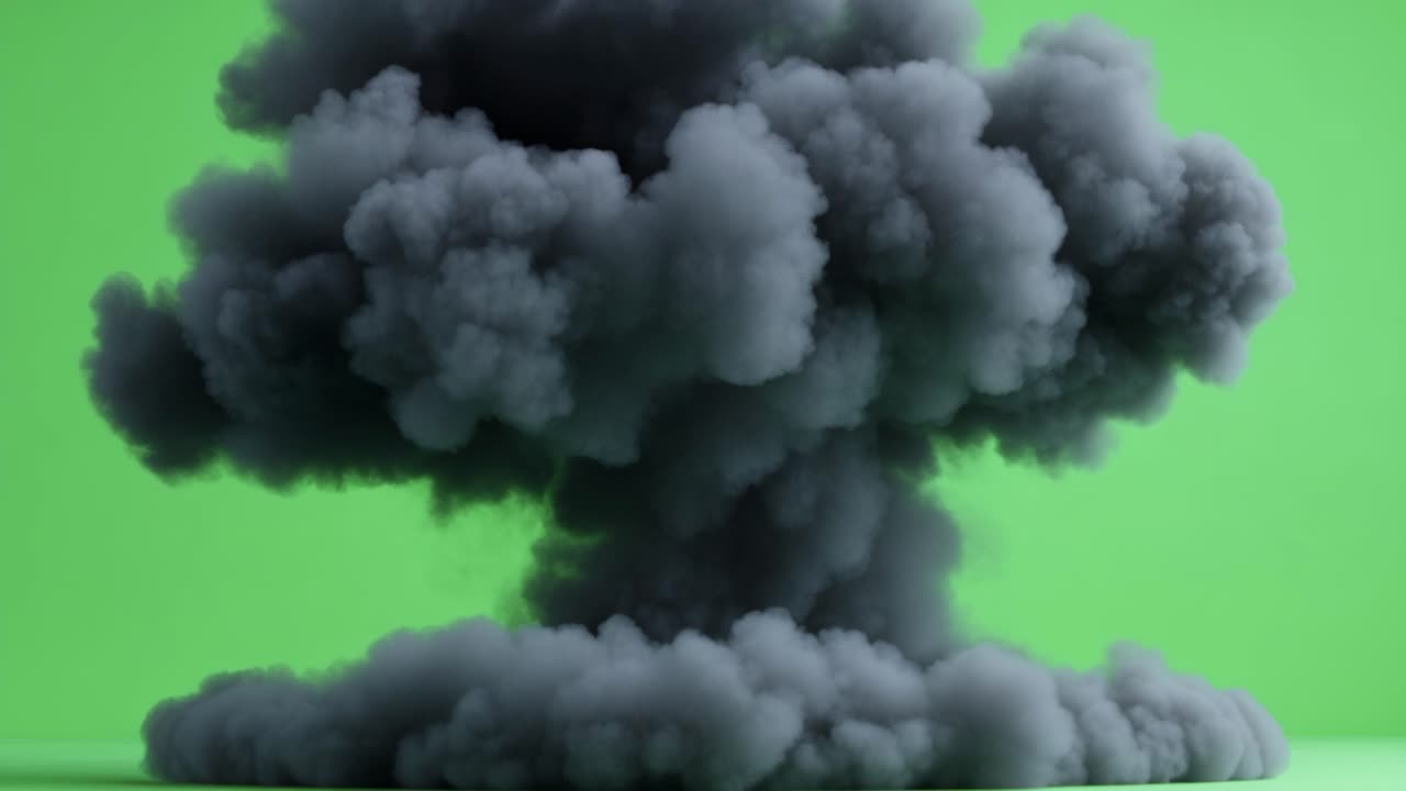 Blast cloud over green scene. A dark explosion cloud billows upward with a vibrant green background, creating a dramatic visual contrast.