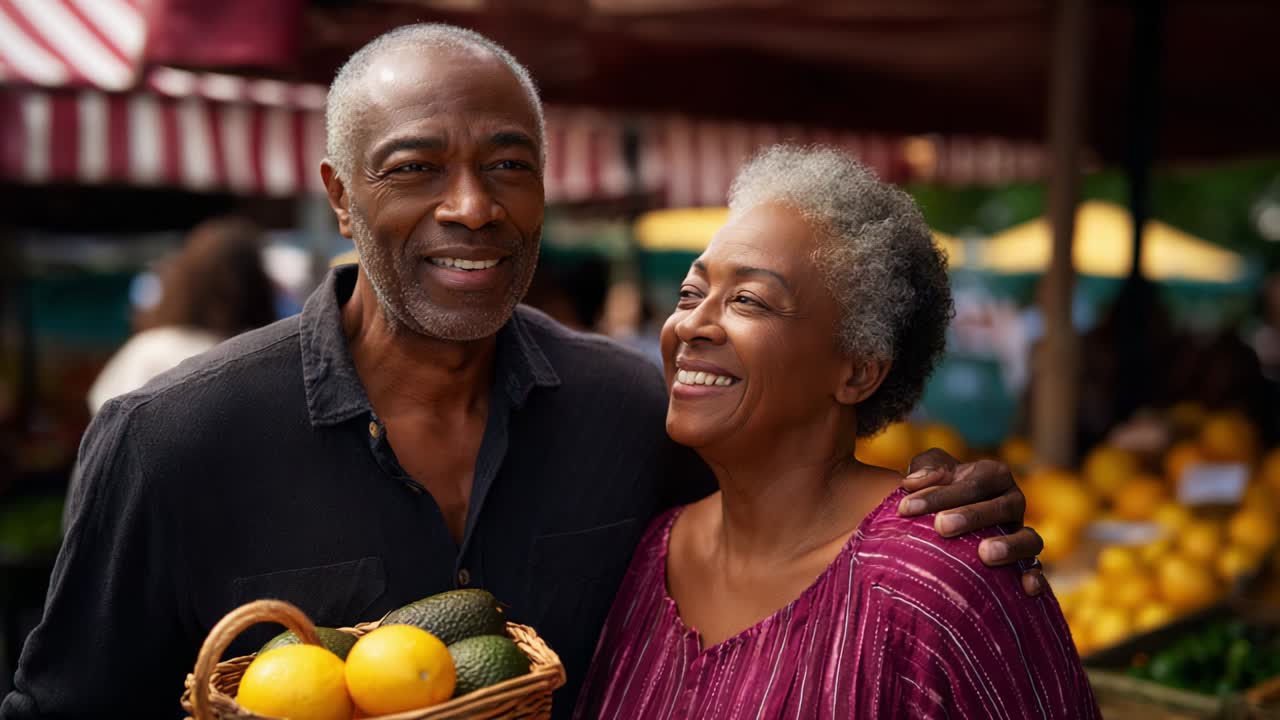 A joyful couple standing together at a vibrant market, holding a basket filled with fresh, colorful fruits while surrounded by the lively atmosphere of a bustling outdoor fruit market