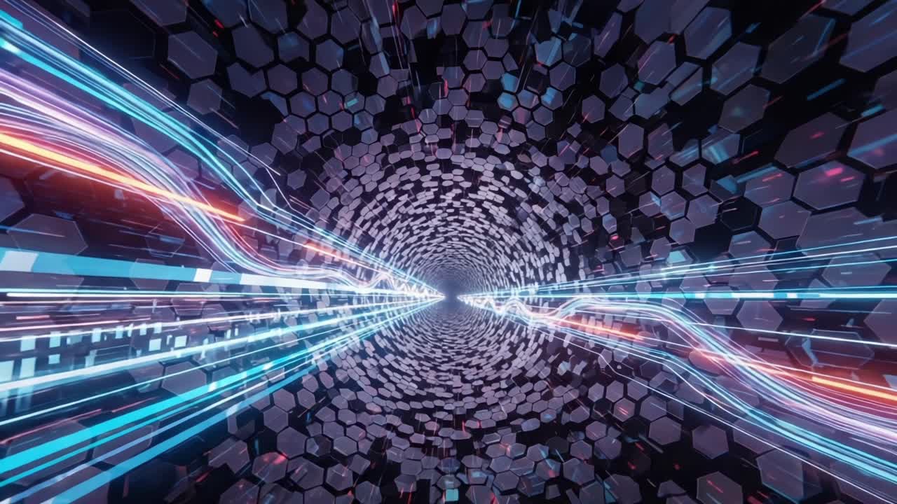 A Dynamic Journey Through a Digital Tunnel: Exploring Light, Color, and Geometric Patterns in a Hypnotic Hexagonal Space