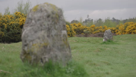 Pull-focus-transition-between-two-memorial-headstones-on-the-famous-Culloden-battlefield,-Scotland