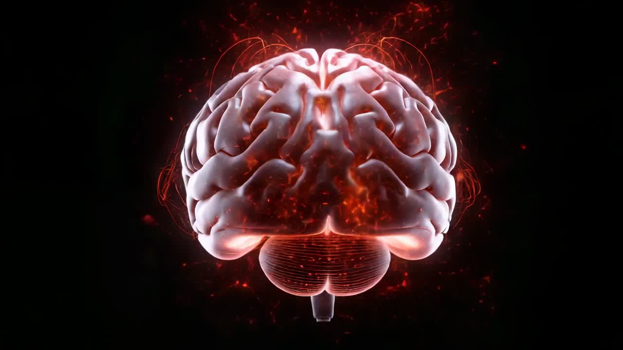 Rotating 3D brain in void showing cerebellum, brainstem, glowing arcs, core pulse sparking firing
