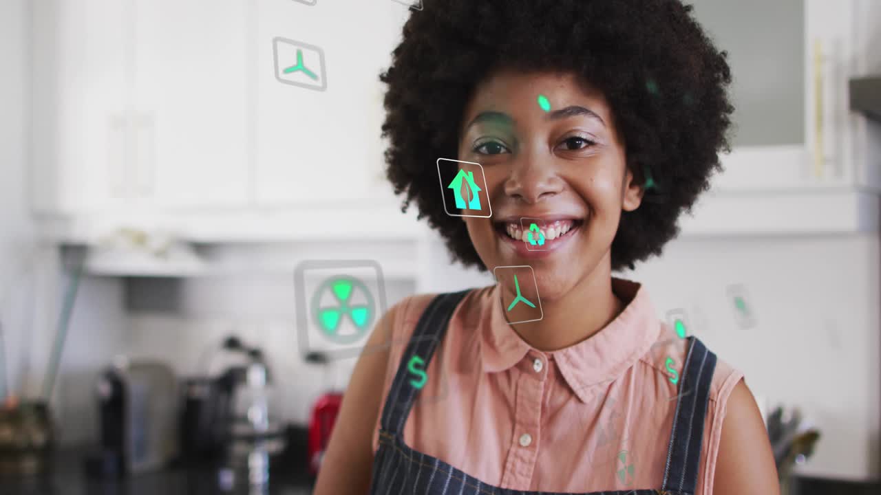 Woman chopping ingredients on counter and causing digital icons to appear highlighting cost savings