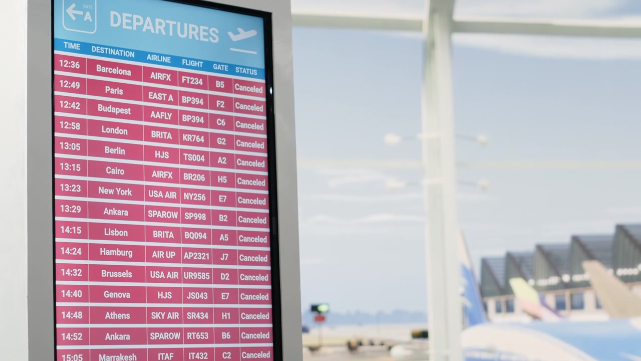 Terminal de aeroporto vazio com voos cancelados na tela do painel.