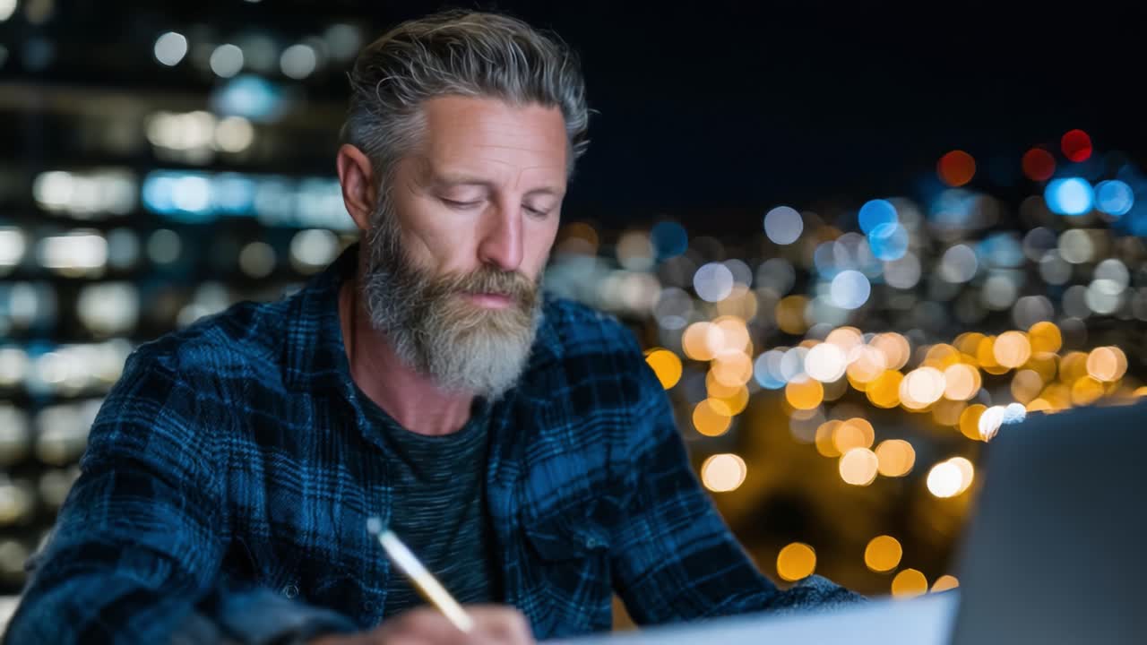 A focused man immerses himself in work under the night sky, blending creativity and intellect against a backdrop of illuminated cityscape