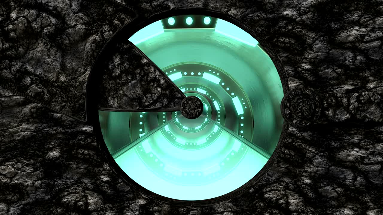 스톤 게이트웨이는 우주선 풍경 장면에 대한 파노라마 뷰를 열고, 네온 조명과 함께 공상 과학 복도의 3d 추상적인 배경, 기술 타이틀과 배경에 대한 미래 기술 vj.