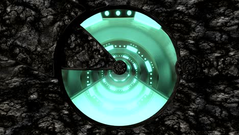 la puerta de entrada de piedra abre una vista panorámica a la escena del paisaje de la nave espacial. fondo abstracto 3d de un corredor de ciencia ficción con luces de neón. tecnología futurista vj para títulos y fondo tecnológicos.