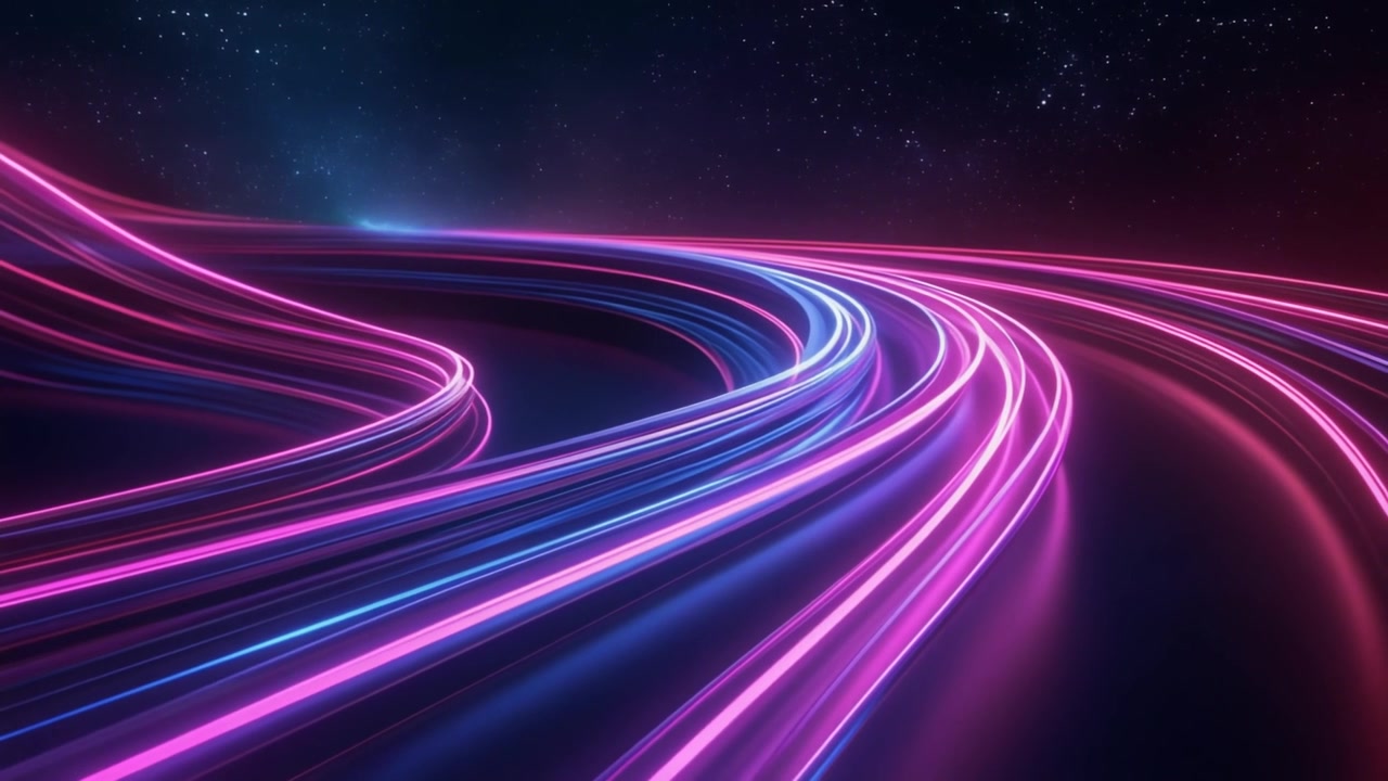 Abstract Neon Light Trails Moving Through Space