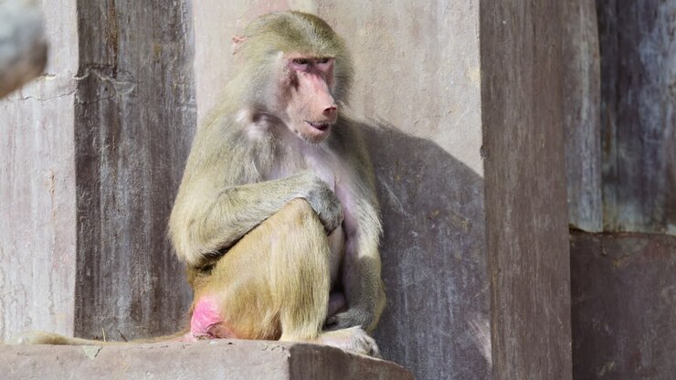Baboon sitting and looking down in a moment of solitude