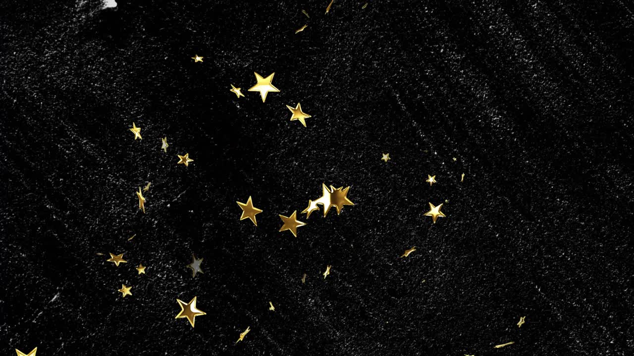 Gold 5-point stars shifting, turning and spreading after gentle lighting shift revealing black base