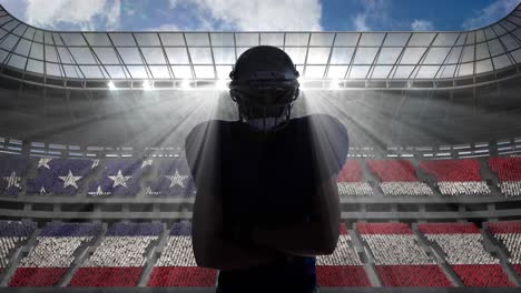 animación de un jugador de fútbol americano con bandera estadounidense sobre un estadio deportivo