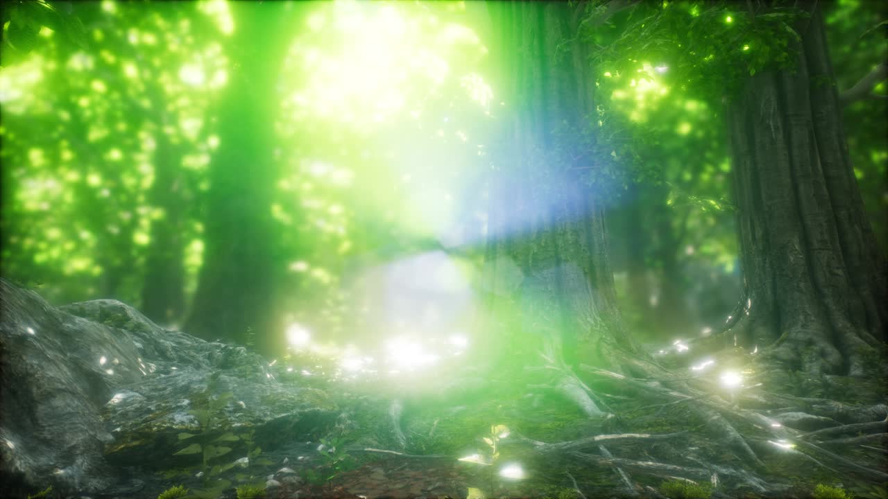 자연스러운 나무 숲을 가로질러 빛나는 빛