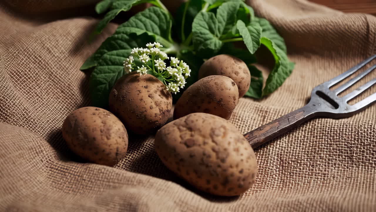 Patate fresche su tela di iuta